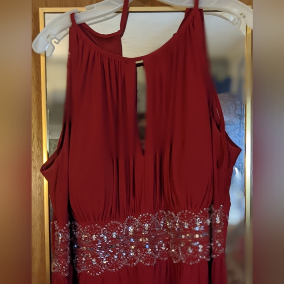 R&M Richards Red Sleeveless Gown with Embellished Waist - Picture 2 of 5